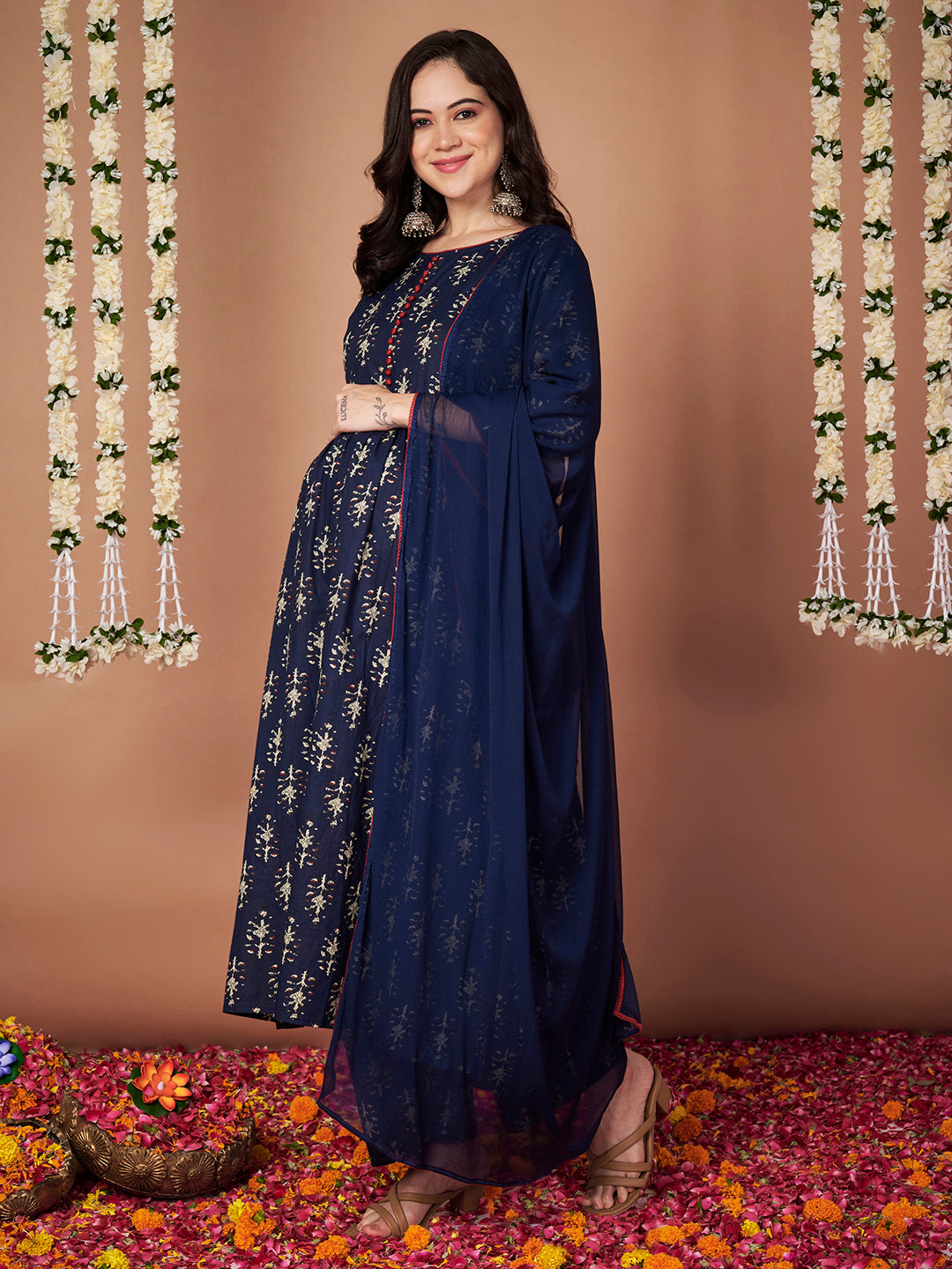 Navy Blue Ikkat Floral Print Cotton Maternity Kurta with Trouser and Dupatta