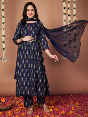 Navy Blue Ikkat Floral Print Cotton Maternity Kurta with Trouser and Dupatta