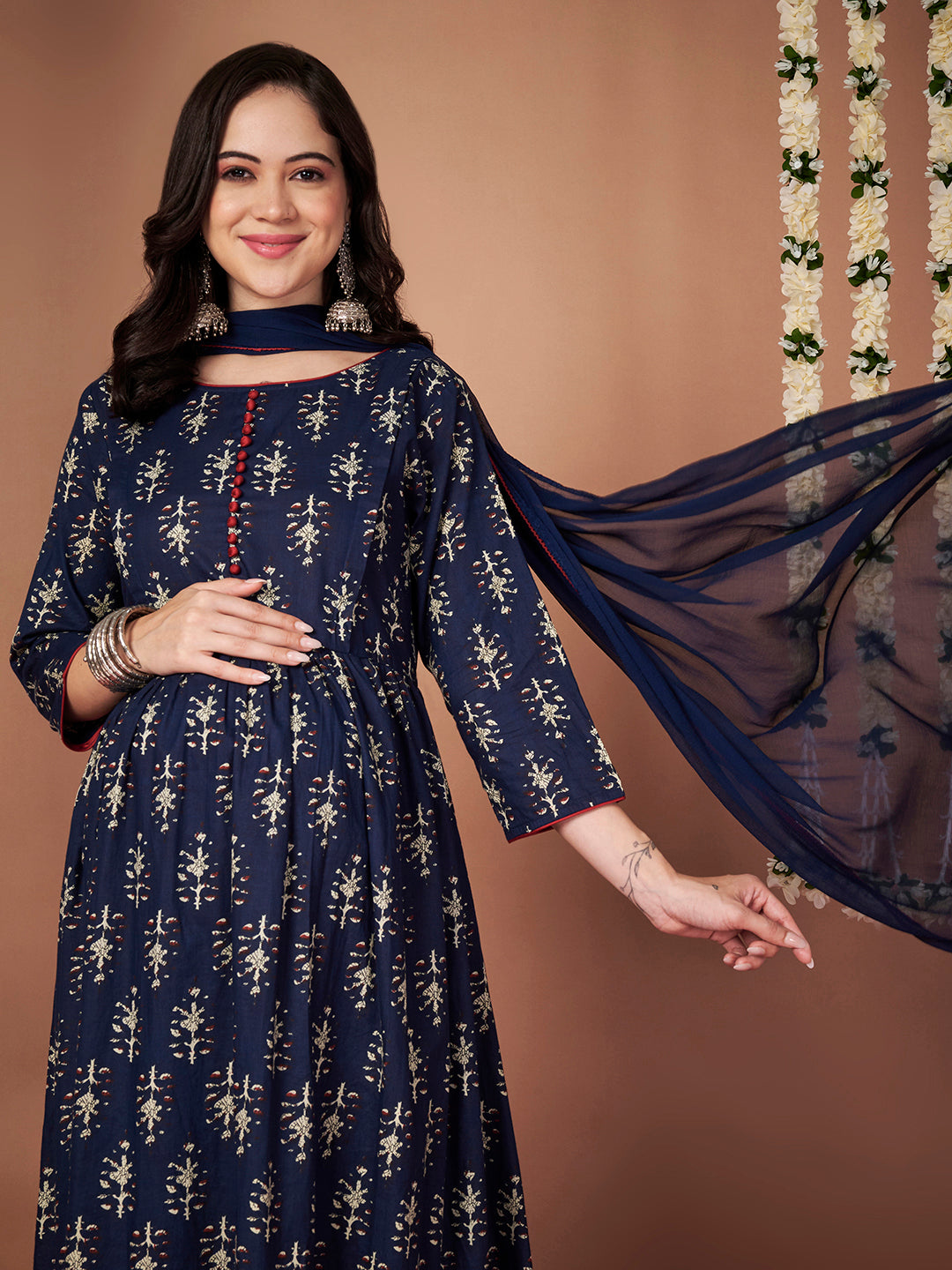 Navy Blue Ikkat Floral Print Cotton Maternity Kurta with Trouser and Dupatta