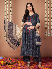 Navy Blue Floral Cotton Maternity Kurta with Trouser and Dupatta