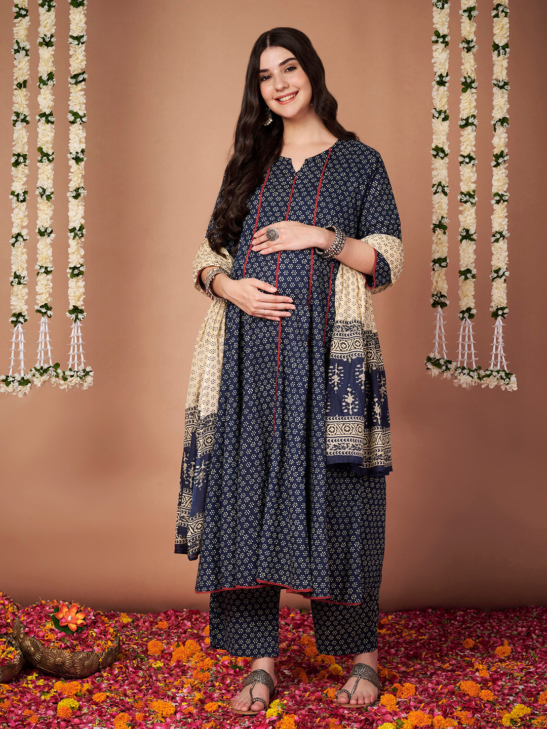Navy Blue Floral Cotton Maternity Kurta with Trouser and Dupatta