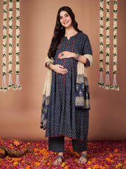 Navy Blue Floral Cotton Maternity Kurta with Trouser and Dupatta