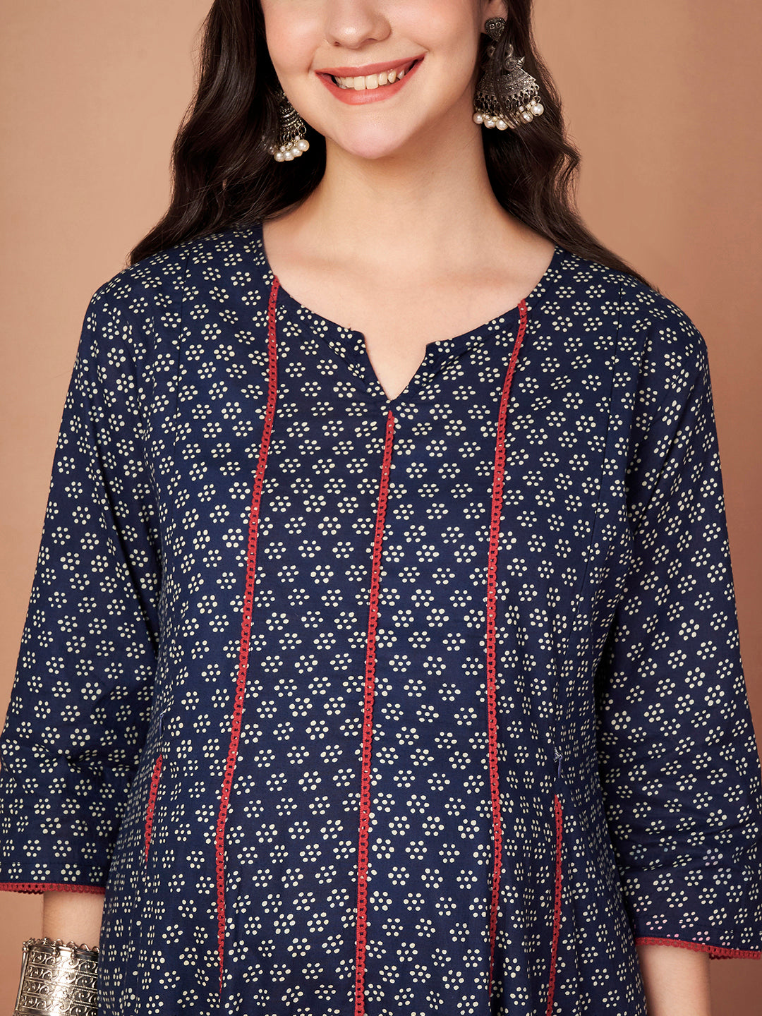 Navy Blue Floral Cotton Maternity Kurta with Trouser and Dupatta
