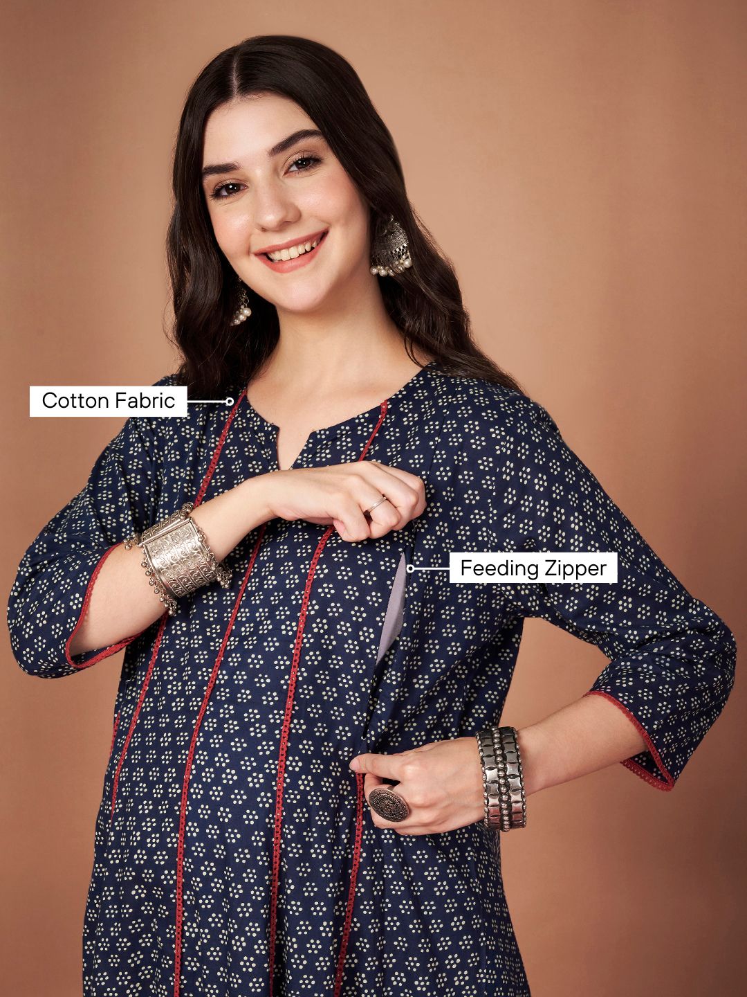 Navy Blue Floral Cotton Maternity Kurta with Trouser and Dupatta