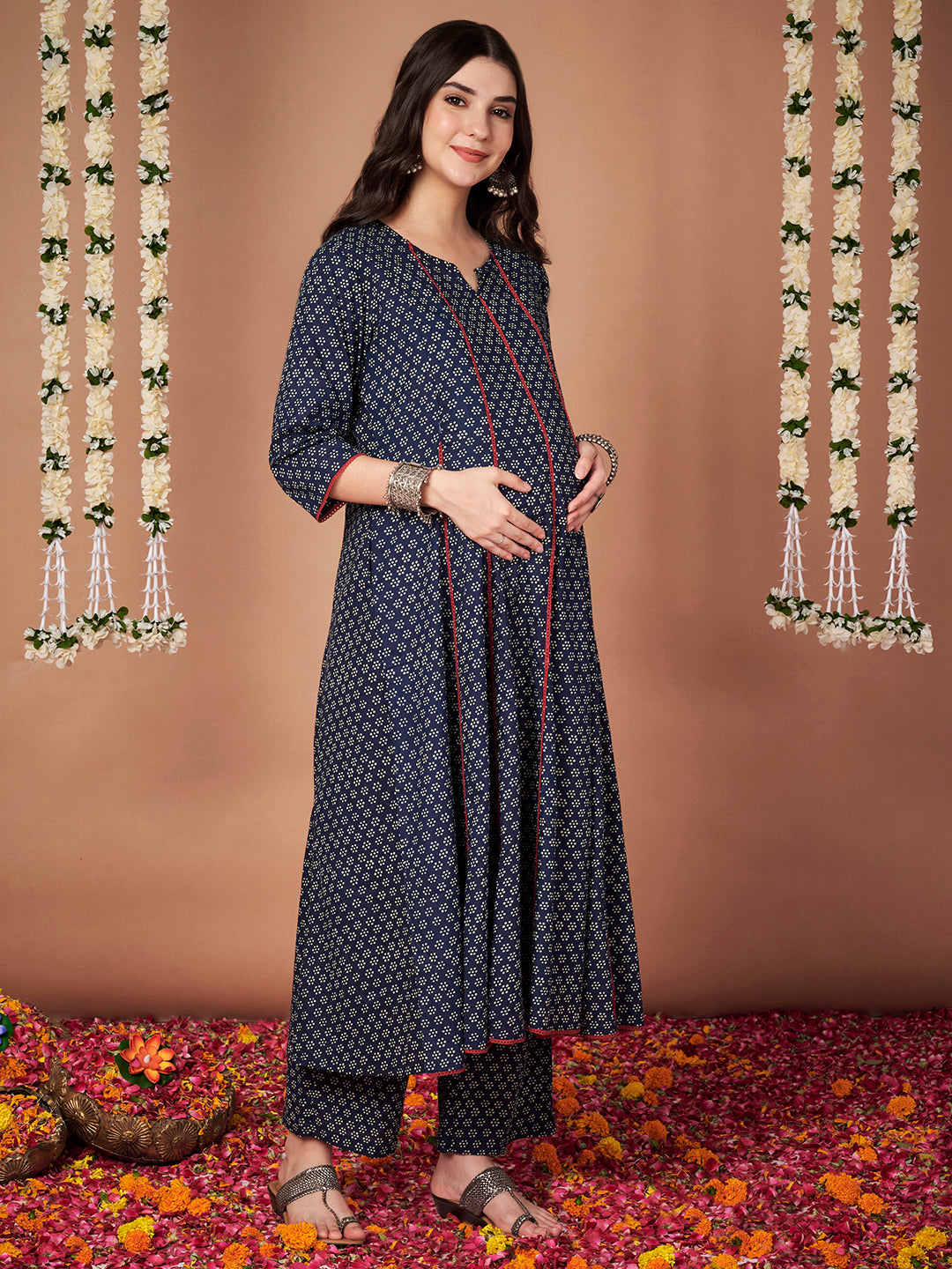 Navy Blue Floral Cotton Maternity Kurta with Trouser and Dupatta