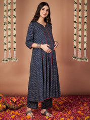 Navy Blue Floral Cotton Maternity Kurta with Trouser and Dupatta