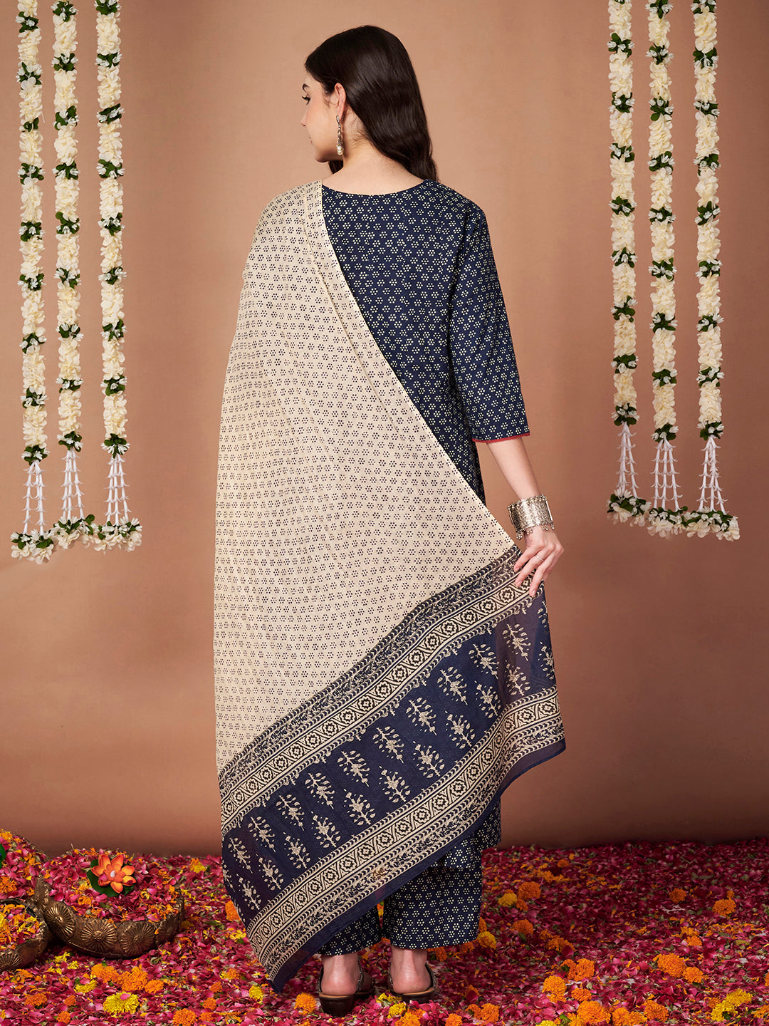 Navy Blue Floral Cotton Maternity Kurta with Trouser and Dupatta