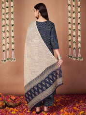 Navy Blue Floral Cotton Maternity Kurta with Trouser and Dupatta