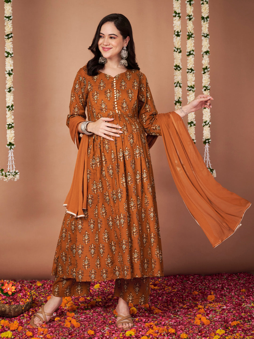 Mustard Ikkat Floral Print Cotton Maternity Kurta with Trouser and Dupatta