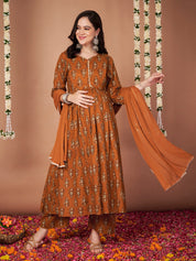 Mustard Ikkat Floral Print Cotton Maternity Kurta with Trouser and Dupatta