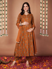 Mustard Ikkat Floral Print Cotton Maternity Kurta with Trouser and Dupatta