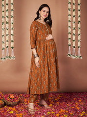 Mustard Ikkat Floral Print Cotton Maternity Kurta with Trouser and Dupatta