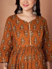 Mustard Ikkat Floral Print Cotton Maternity Kurta with Trouser and Dupatta