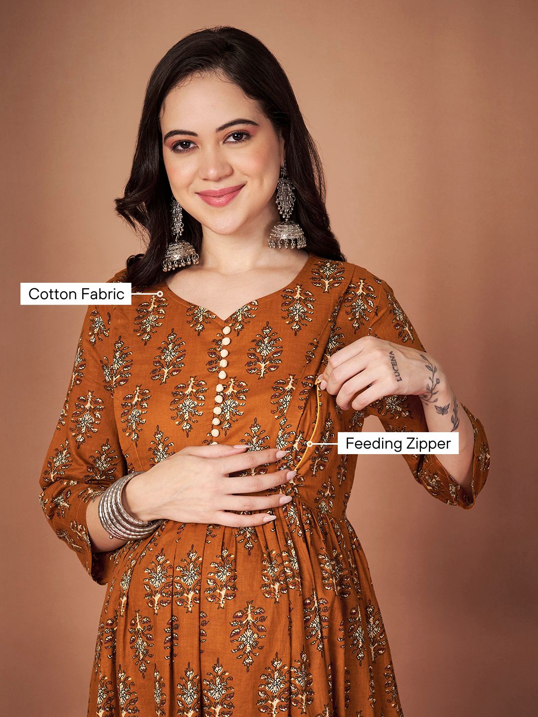 Mustard Ikkat Floral Print Cotton Maternity Kurta with Trouser and Dupatta