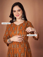 Mustard Ikkat Floral Print Cotton Maternity Kurta with Trouser and Dupatta