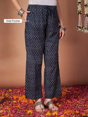 Navy Blue Floral Cotton Maternity Kurta with Trouser and Dupatta