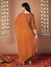 Mustard Ikkat Floral Print Cotton Maternity Kurta with Trouser and Dupatta