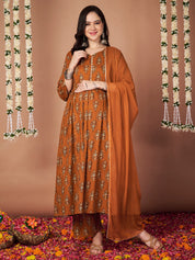 Mustard Ikkat Floral Print Cotton Maternity Kurta with Trouser and Dupatta