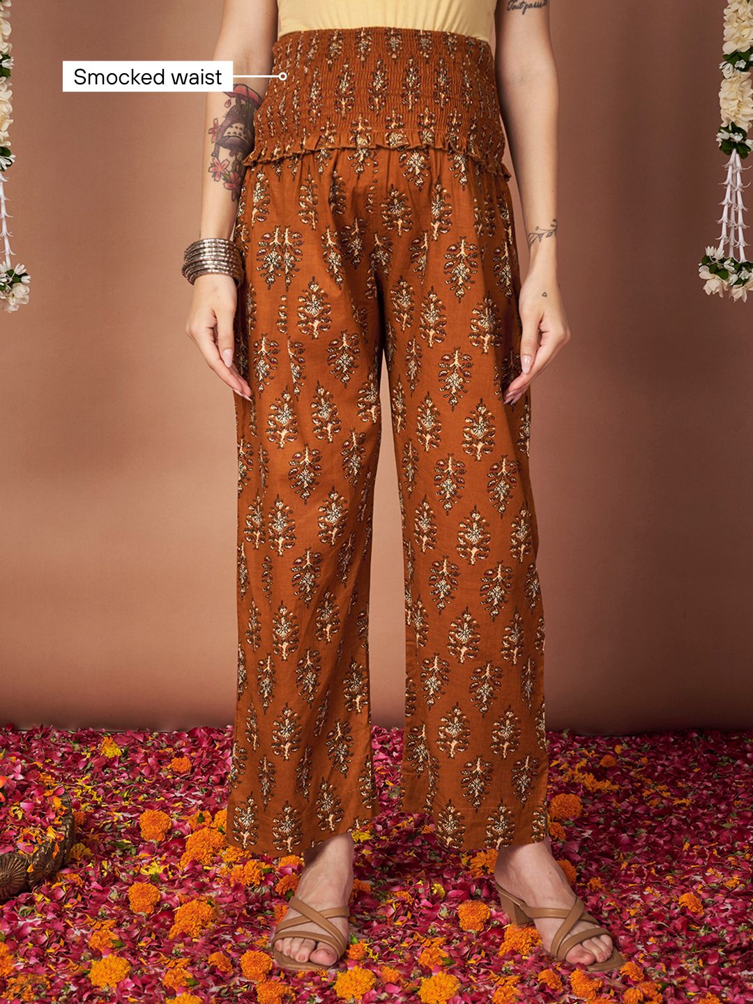 Mustard Ikkat Floral Print Cotton Maternity Kurta with Trouser and Dupatta