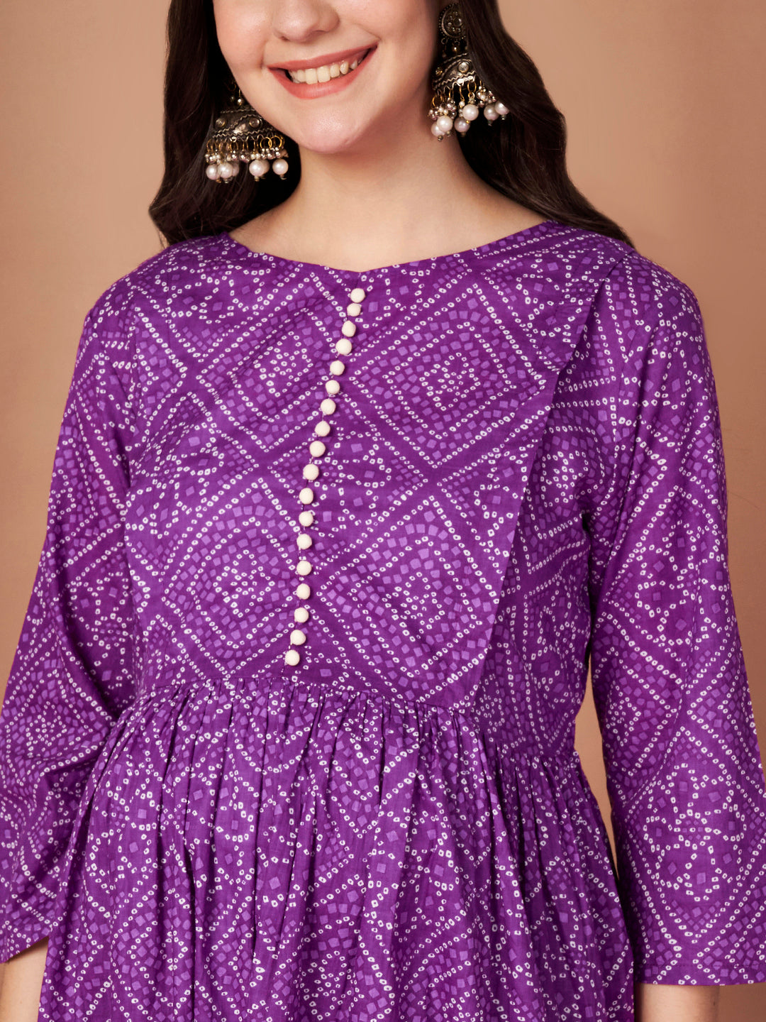 Purple Bandhani Cotton Maternity Kurta with Trouser and Dupatta