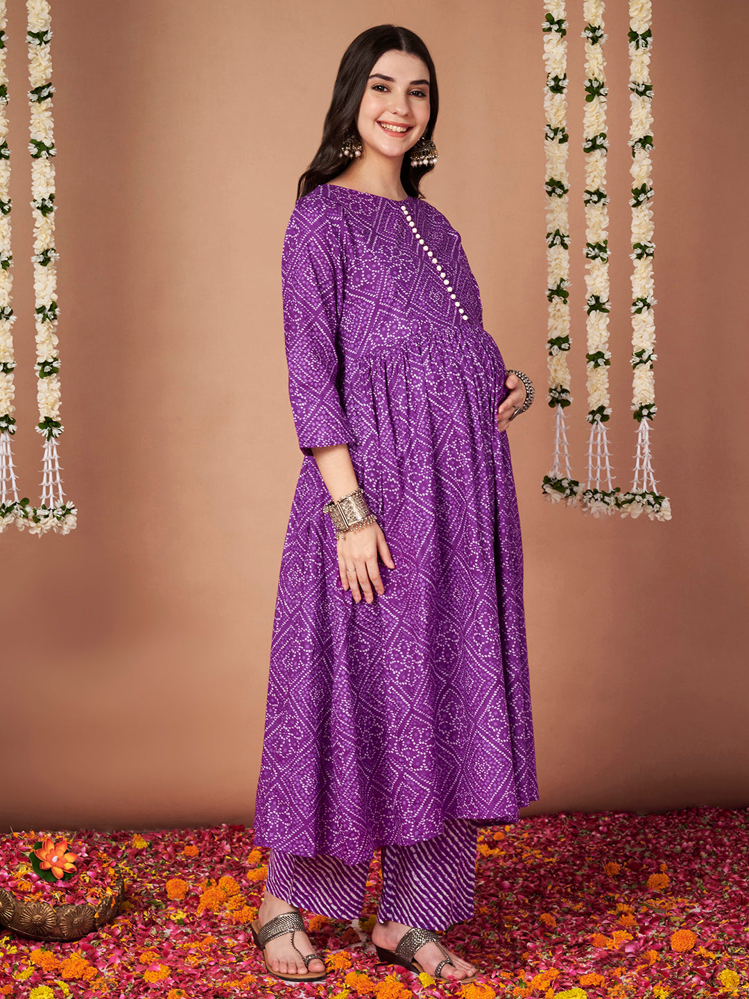 Purple Bandhani Cotton Maternity Kurta with Trouser and Dupatta
