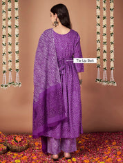 Purple Bandhani Cotton Maternity Kurta with Trouser and Dupatta