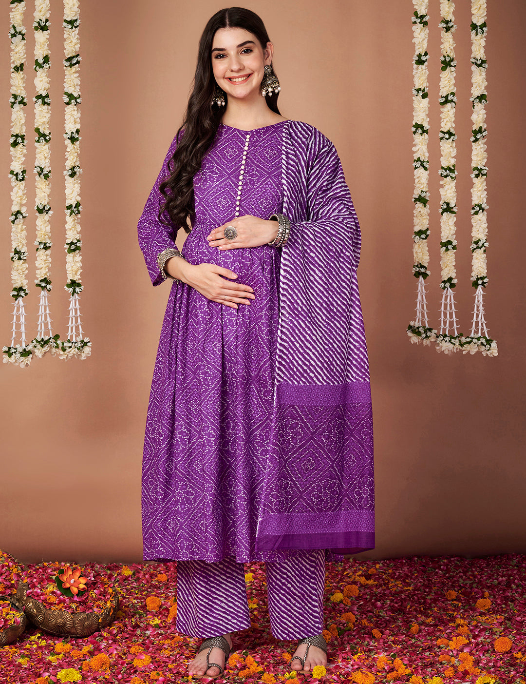 Purple Bandhani Cotton Maternity Kurta with Trouser and Dupatta