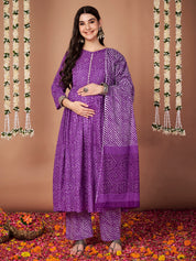 Purple Bandhani Cotton Maternity Kurta with Trouser and Dupatta