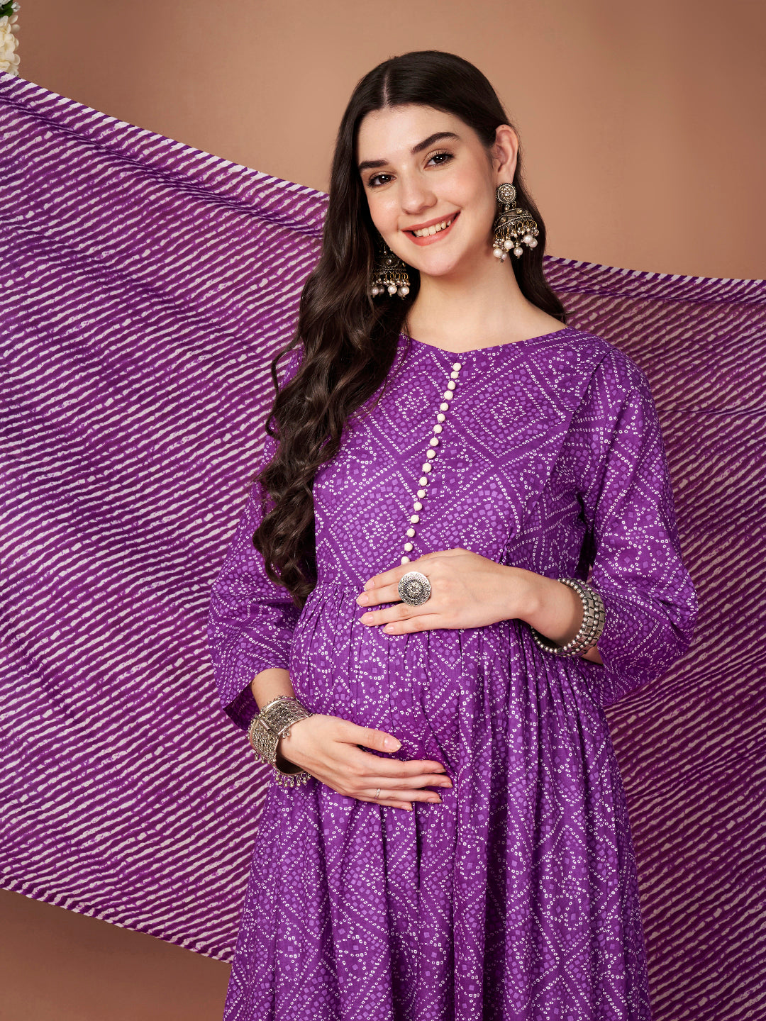 Purple Bandhani Cotton Maternity Kurta with Trouser and Dupatta