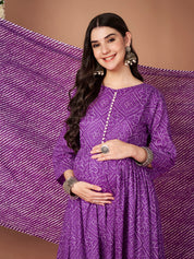 Purple Bandhani Cotton Maternity Kurta with Trouser and Dupatta