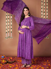 Purple Bandhani Cotton Maternity Kurta with Trouser and Dupatta