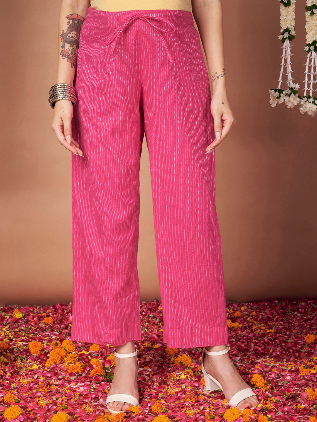 Pink Ikkat Stripe Cotton Maternity Kurta with Trouser and Dupatta