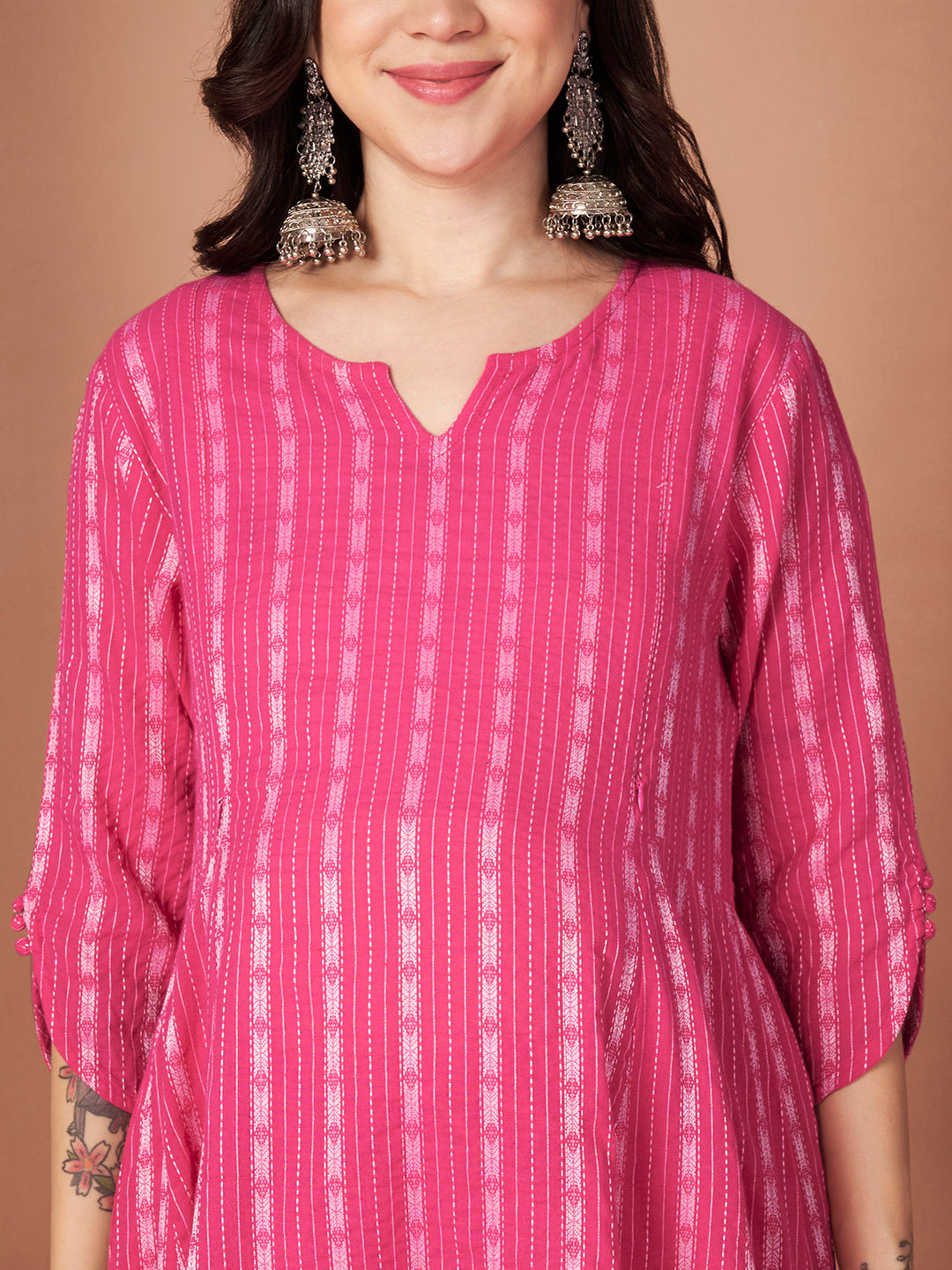 Pink Ikkat Stripe Cotton Maternity Kurta with Trouser and Dupatta