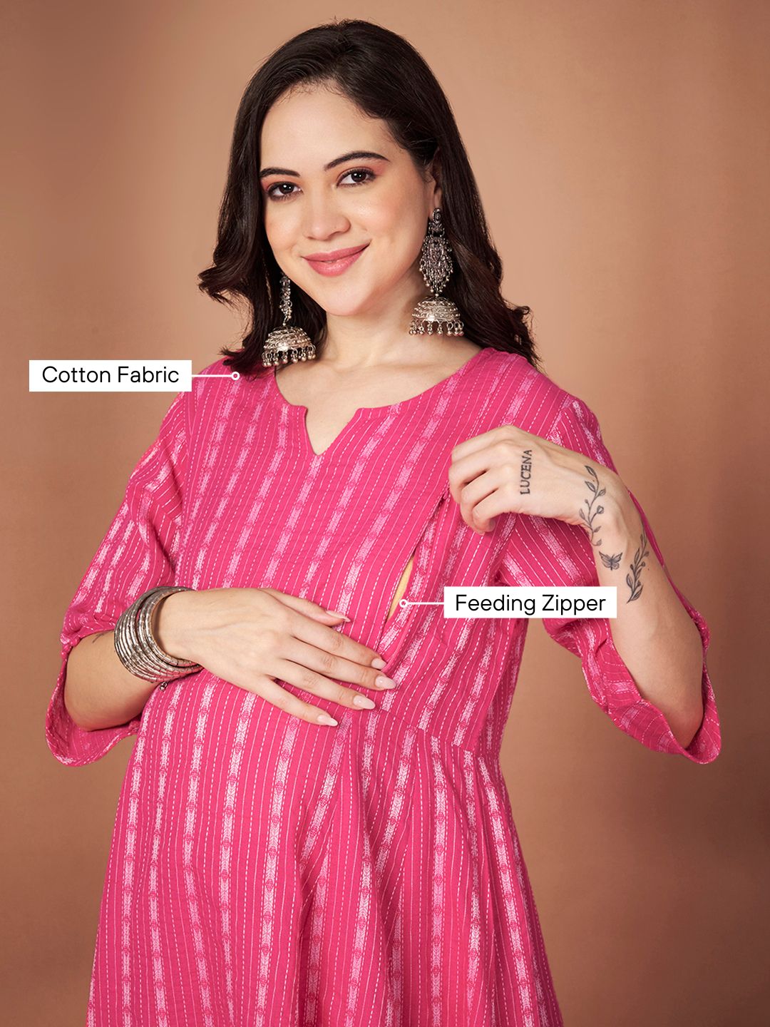 Pink Ikkat Stripe Cotton Maternity Kurta with Trouser and Dupatta
