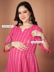 Pink Ikkat Stripe Cotton Maternity Kurta with Trouser and Dupatta