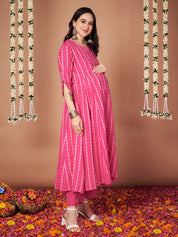Pink Ikkat Stripe Cotton Maternity Kurta with Trouser and Dupatta