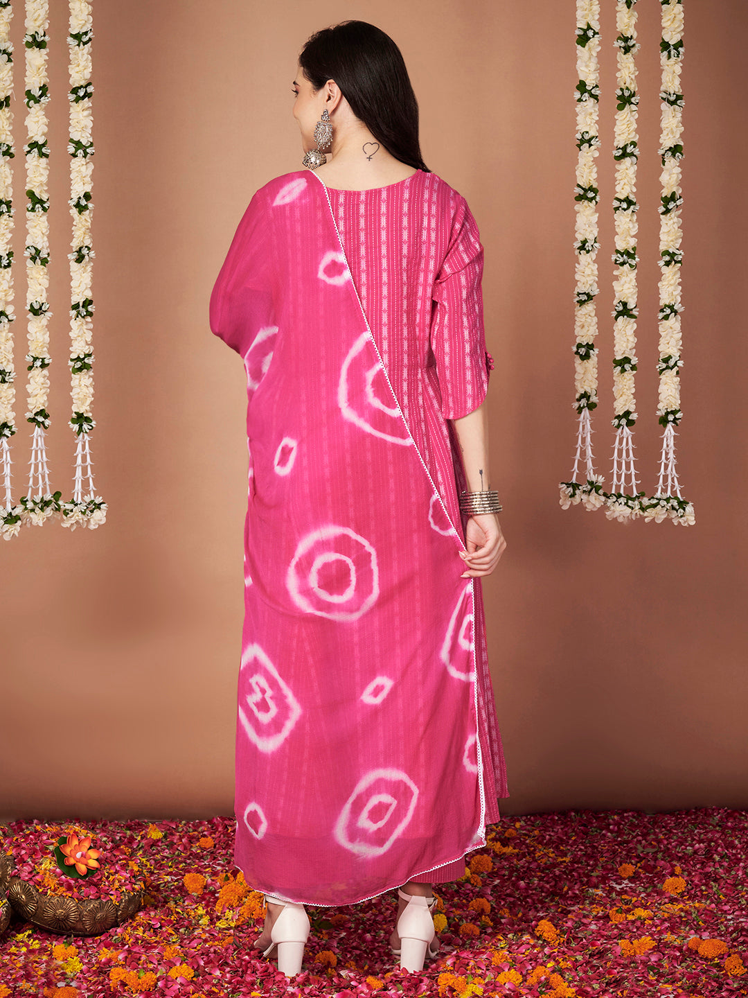 Pink Ikkat Stripe Cotton Maternity Kurta with Trouser and Dupatta