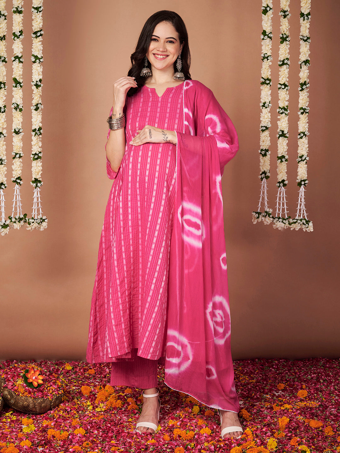 Pink Ikkat Stripe Cotton Maternity Kurta with Trouser and Dupatta