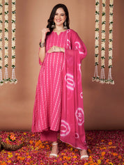 Pink Ikkat Stripe Cotton Maternity Kurta with Trouser and Dupatta