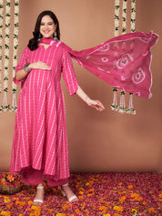 Pink Ikkat Stripe Cotton Maternity Kurta with Trouser and Dupatta