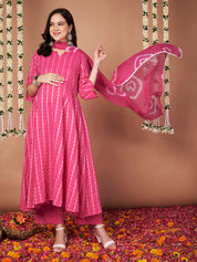 Pink Ikkat Stripe Cotton Maternity Kurta with Trouser and Dupatta
