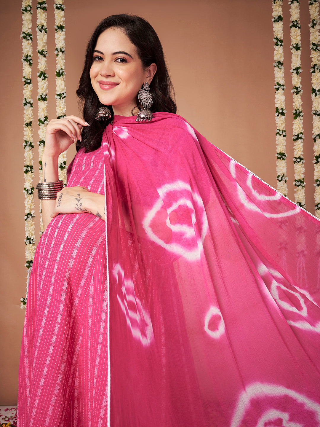 Pink Ikkat Stripe Cotton Maternity Kurta with Trouser and Dupatta