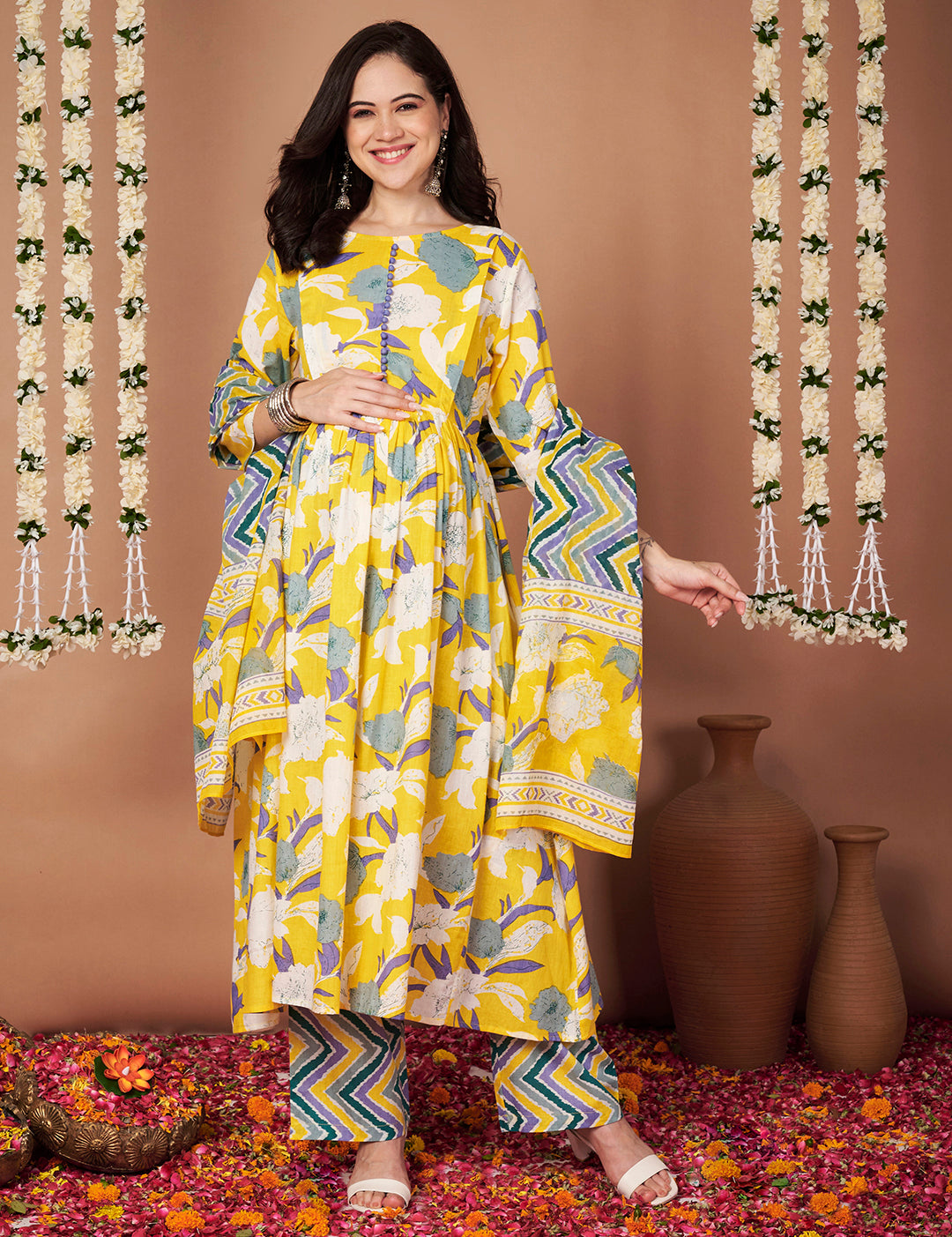 Yellow Floral Cotton Maternity Kurta with Trouser and Dupatta