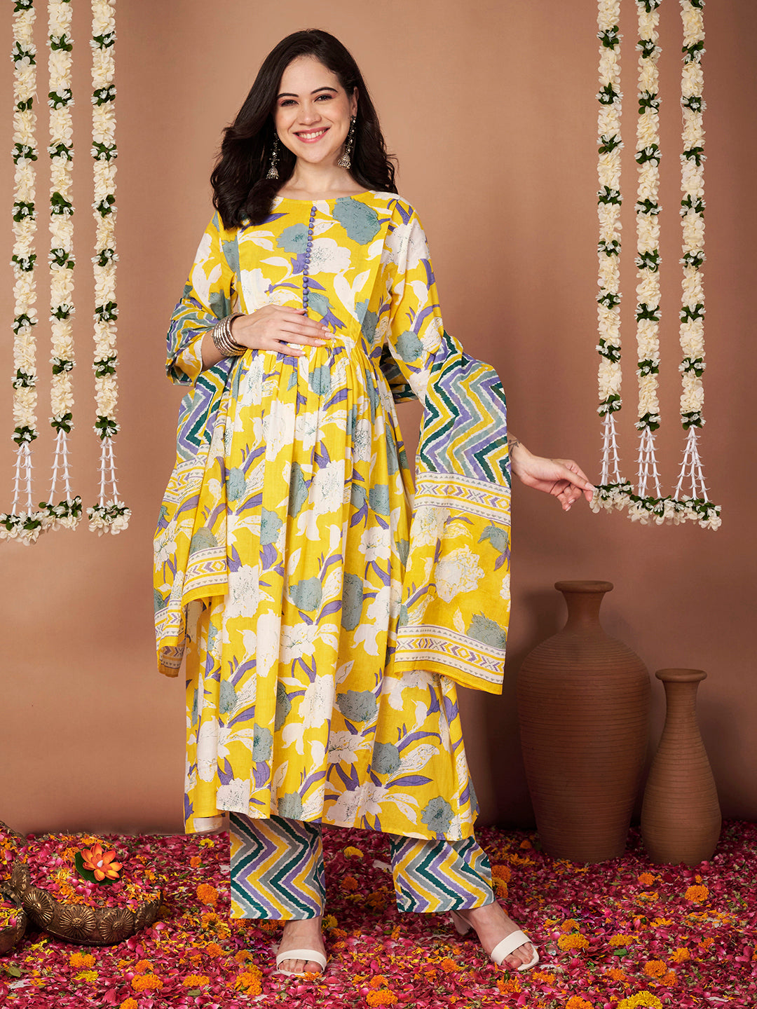Yellow Floral Cotton Maternity Kurta with Trouser and Dupatta