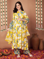 Yellow Floral Cotton Maternity Kurta with Trouser and Dupatta