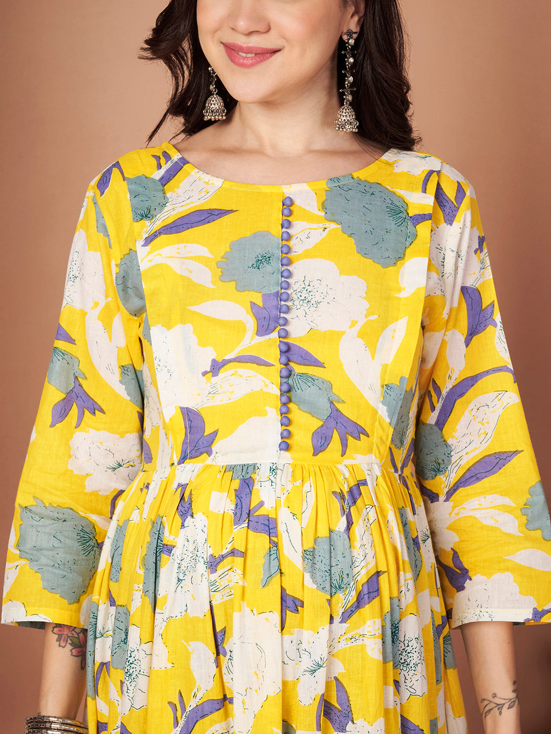 Yellow Floral Cotton Maternity Kurta with Trouser and Dupatta