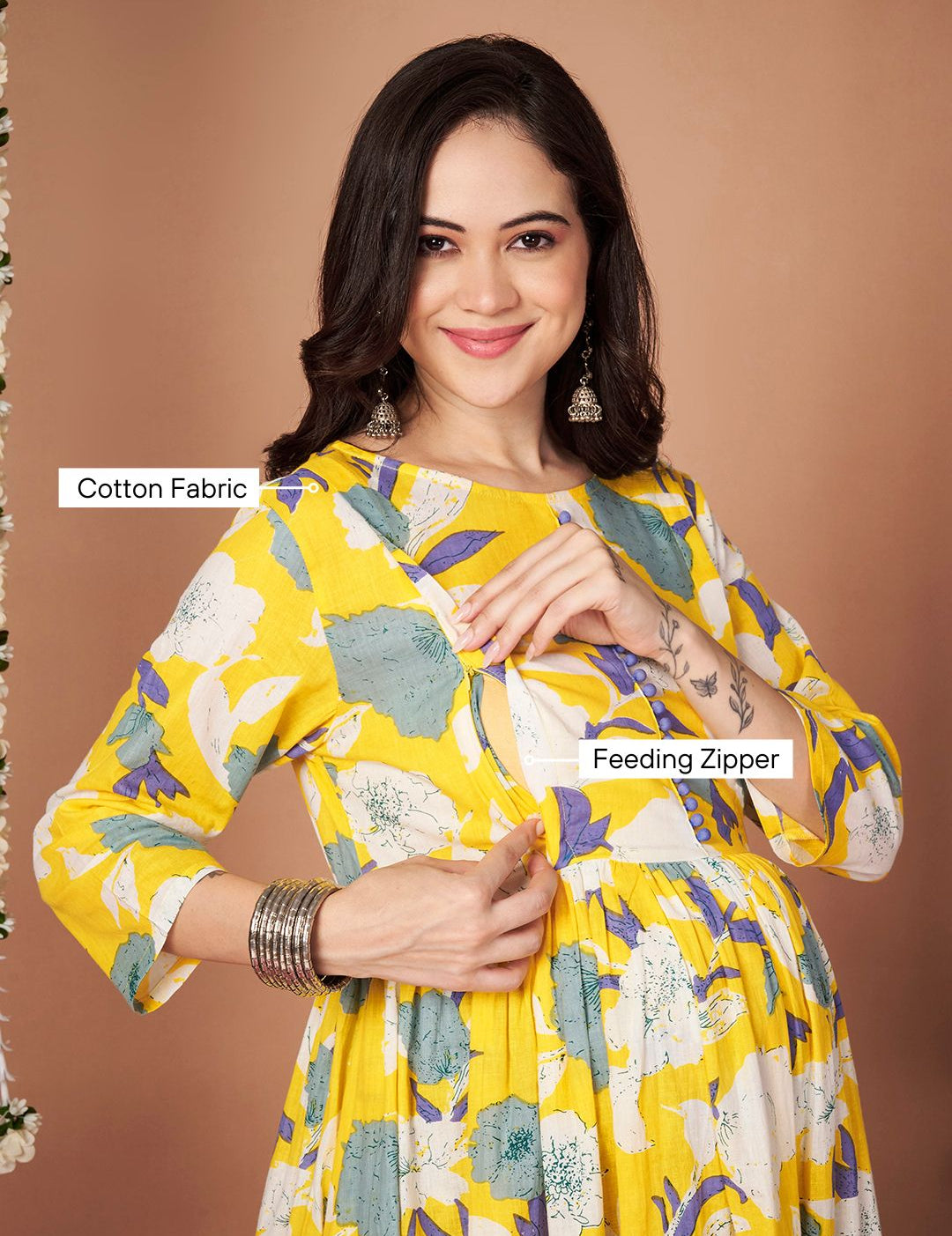 Yellow Floral Cotton Maternity Kurta with Trouser and Dupatta