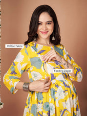 Yellow Floral Cotton Maternity Kurta with Trouser and Dupatta