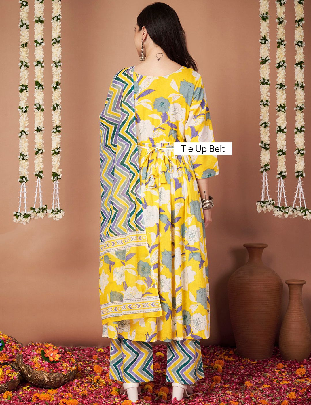 Yellow Floral Cotton Maternity Kurta with Trouser and Dupatta