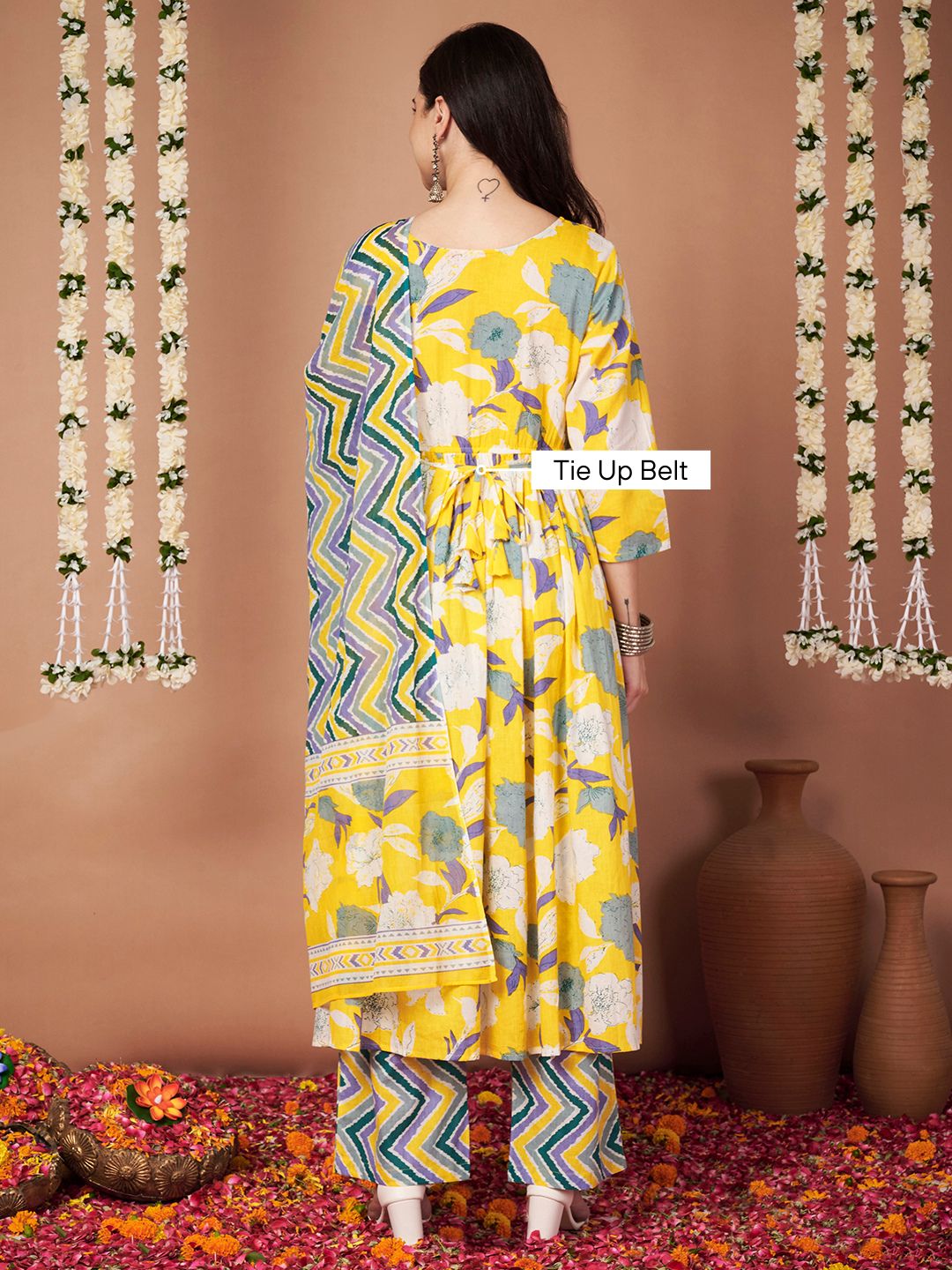 Yellow Floral Cotton Maternity Kurta with Trouser and Dupatta